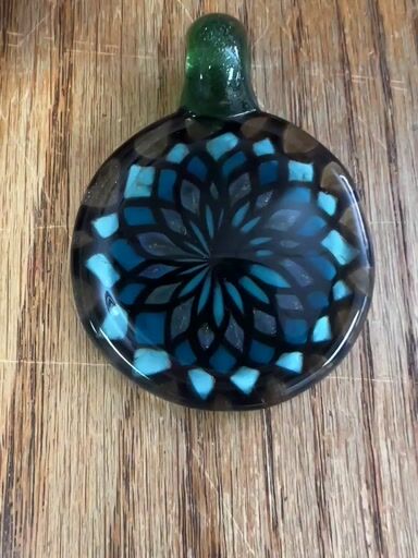 Preview pic of Rushin glass fillacello flat disc pendant green stardust bail steel wool new old stock 2015 beautiful !