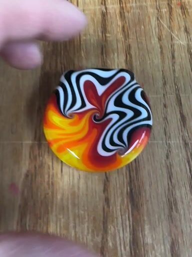 Preview pic of Rushin glass reversible disc pendant fire wig wag front UV rainbow swirl back signed and dated new old stock