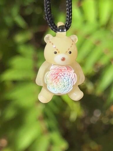 Preview pic of Teddy Bear w/ Multi Color Pastel Flower Pendant by Azusa Glass