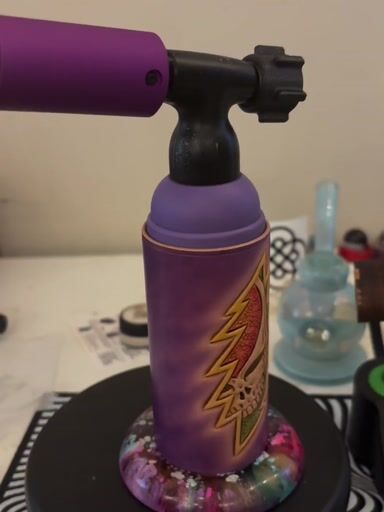 Preview pic of Custom Big Shot Torch with Leather  Wrap KinokoHeads Purple Heat Guard, and Blazer big shot gt 8000 resin base, knob and bubble cap holder - Drip Collection